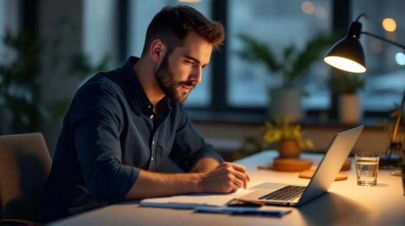 Mann mittleren Alters lernt abends am Laptop in einem modernen Büro in Mainz