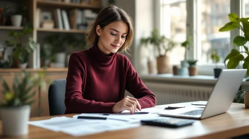 Mainzer Berufstätige mit Laptop und Steuerunterlagen am Schreibtisch in einer modernen Wohnung